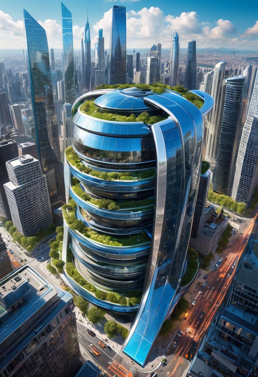 A futuristic cityscape showcasing innovative engineering marvels like flying cars and skyscrapers with green rooftops. The scene is bustling with diverse people interacting with advanced technology, while drones hover in the sky. Bright blue skies and gleaming structures evoke a sense of progress and hope for the future. super-realistic. vibrant colors. 3D.