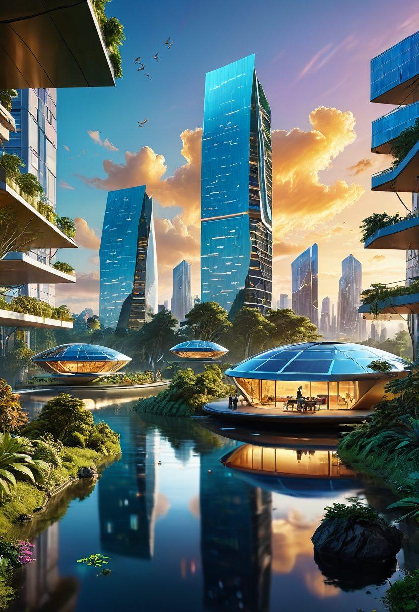 A futuristic landscape showcasing advanced engineering marvels like floating buildings, solar-powered vehicles, and robotic technologies, interspersed with lush greenery. In the foreground, a diverse group of engineers brainstorming with digital tablets and holograms displaying innovative designs. The sky is lit with a warm golden hue, symbolizing hope and creativity. super-realistic. vibrant colors. 3D.
